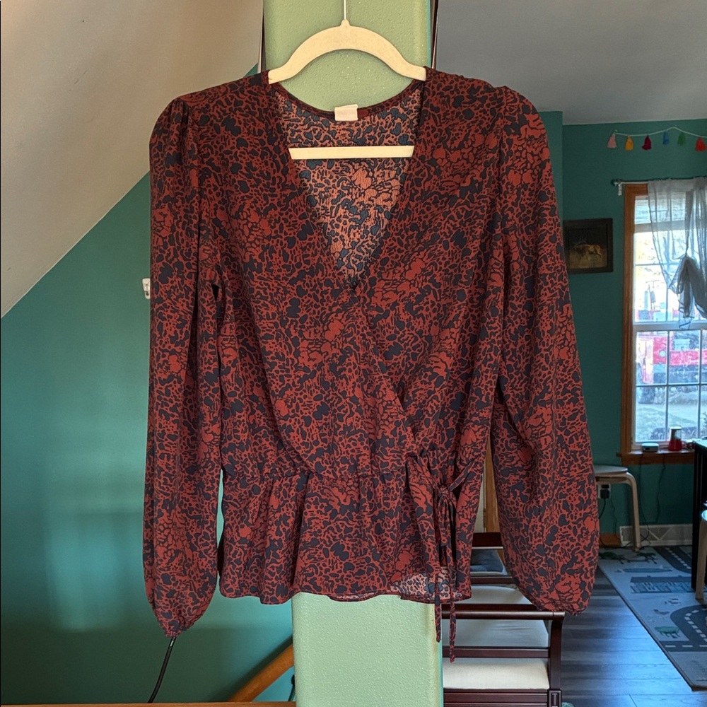 Melrose & Market Women's Rust Floral Wrap Blouse - Lightweight Long Sleeve Top